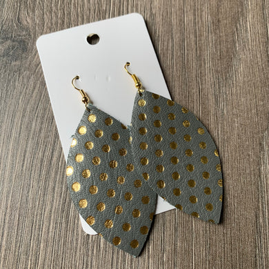 Gray and Gold Polkadot Leaf Leather Earrings