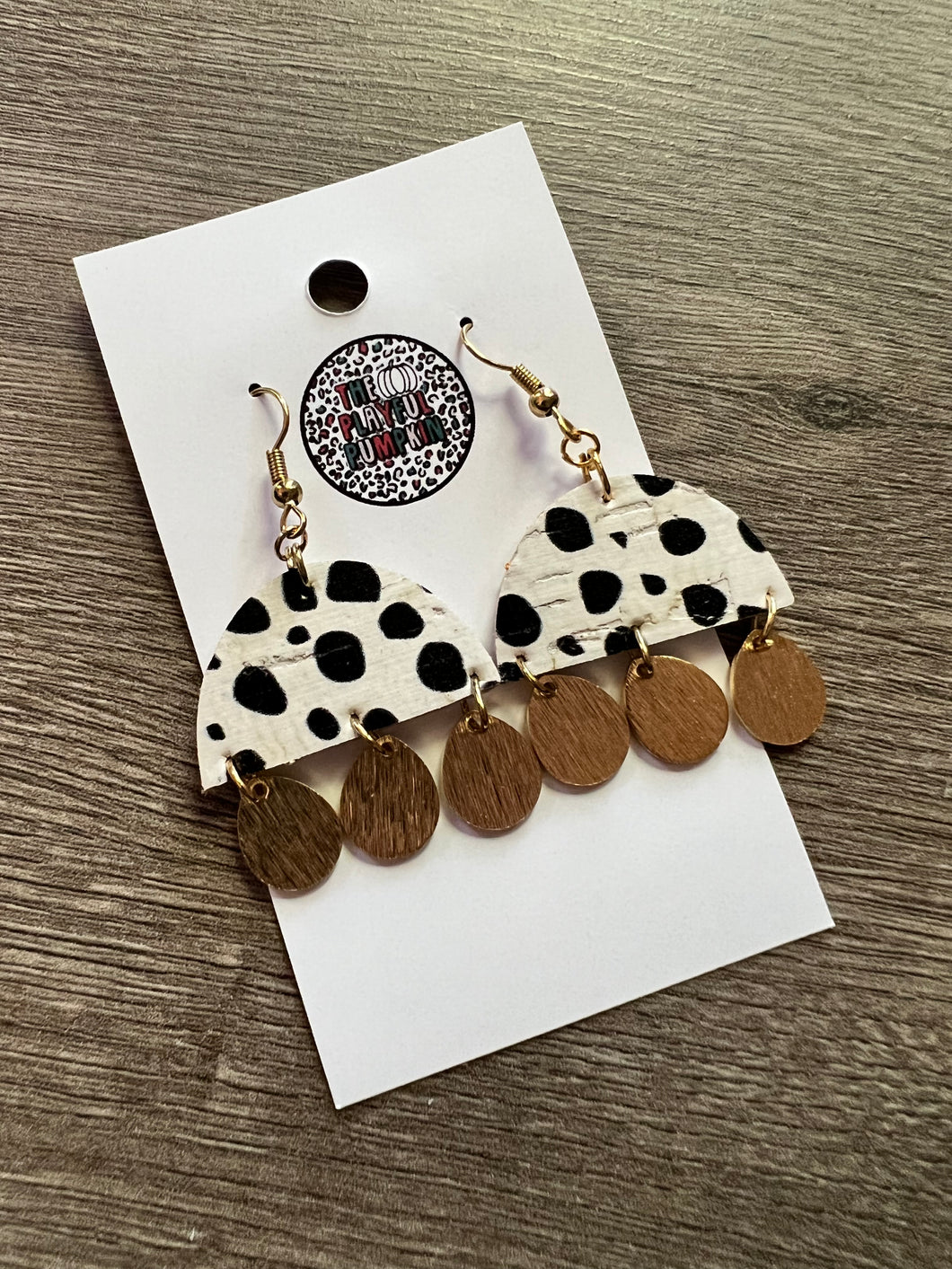 Dalmatian Dot Semi Circle Dangle Drops Cork Leather Earrings