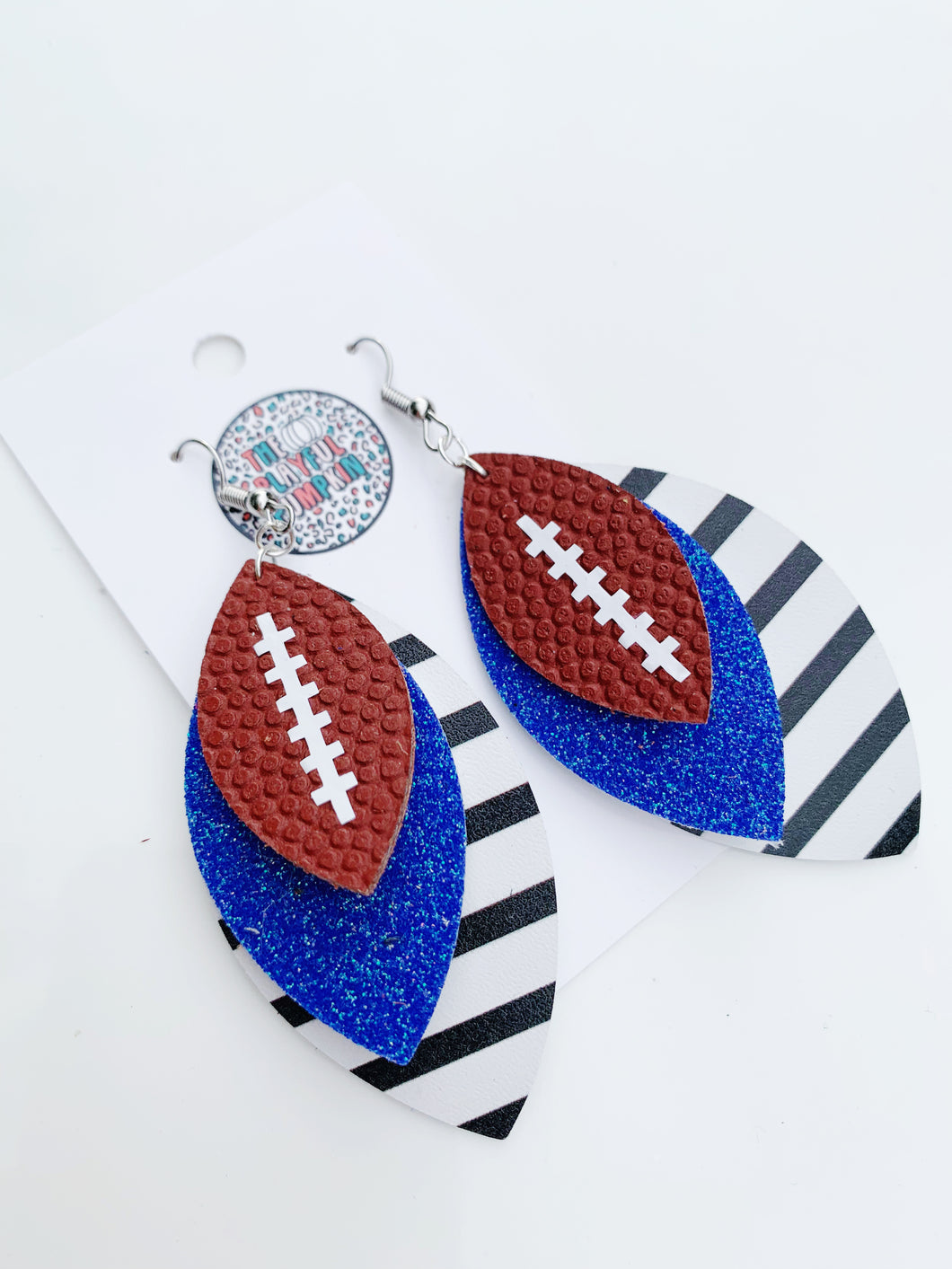 Blue Triple Glitter Football Leather Earrings