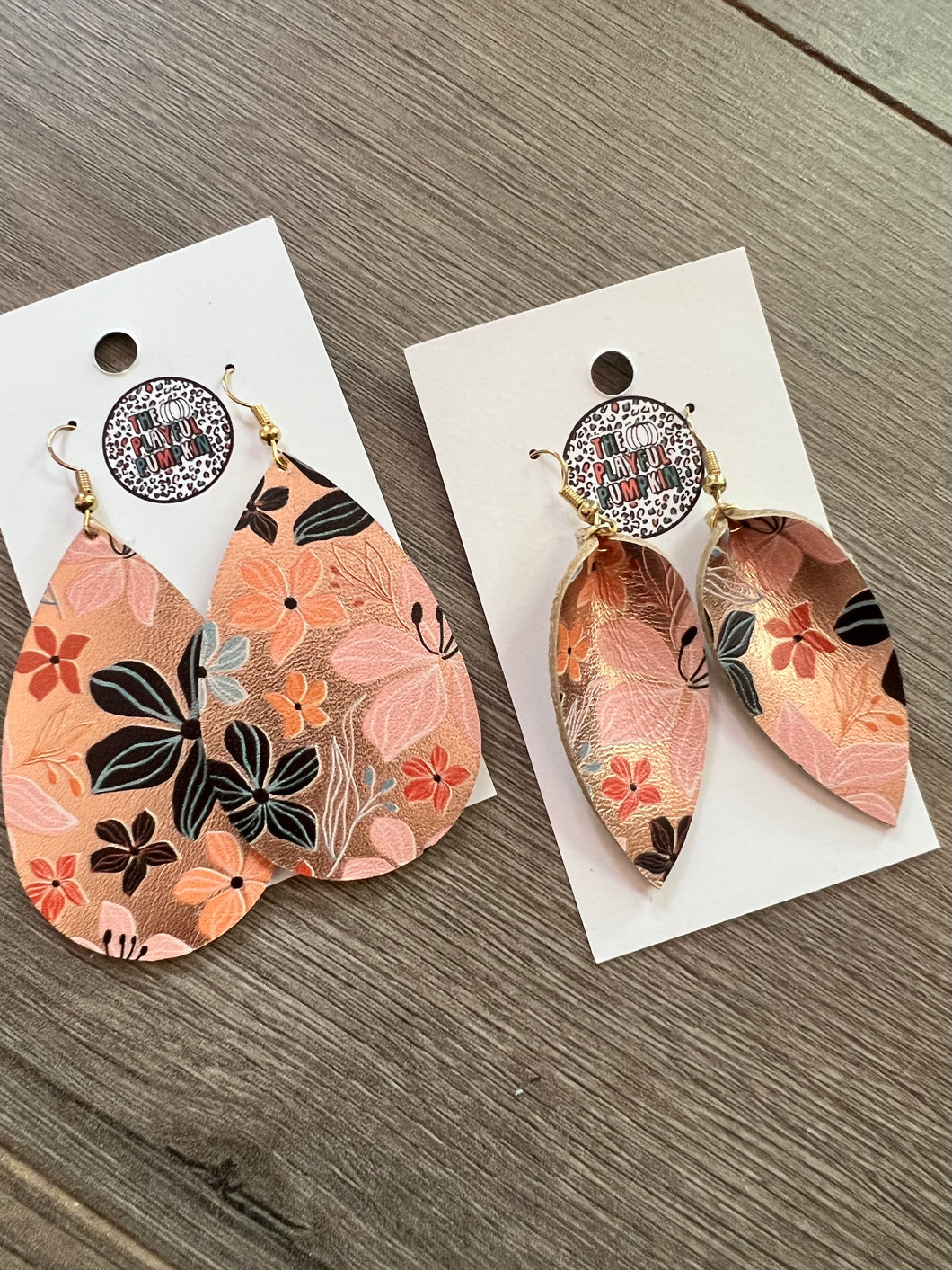 Rose Gold Floral Teardrop and Small Petal Leather Earrings