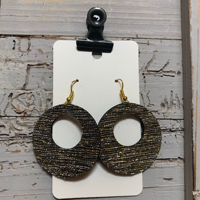 Black and Gold Shimmer Open Circle Leather Earrings