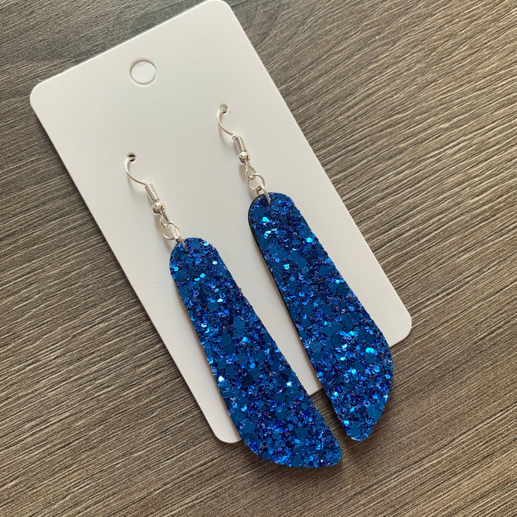 Blue Glitter Oblong Leather Earrings