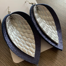 Navy and Silver Double Petal Leather Earrings