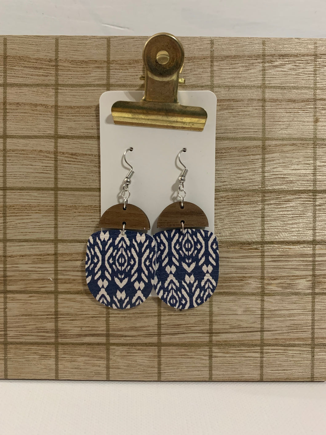 Wood and Navy Drop Leather Earrings