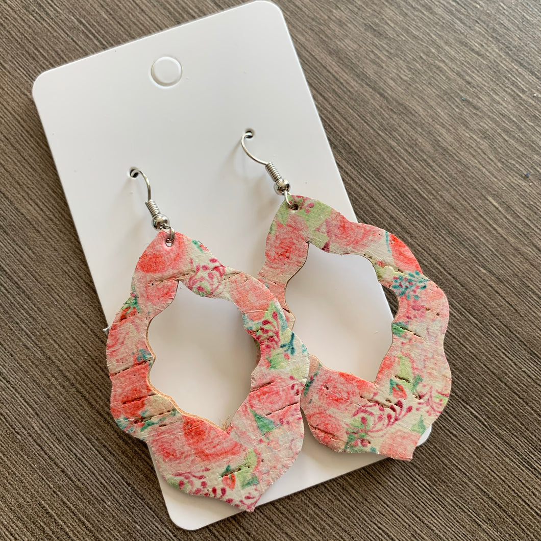 Pink Floral Moroccan Cork Leather Earrings