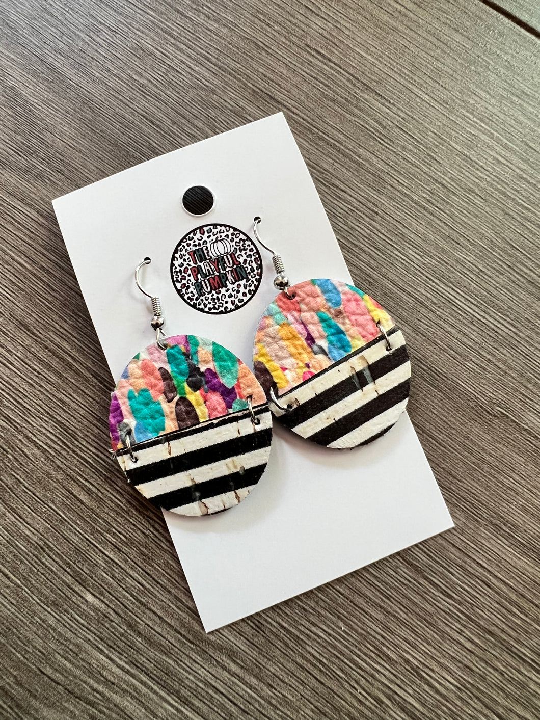Multi Color Striped Circle Leather Earrings