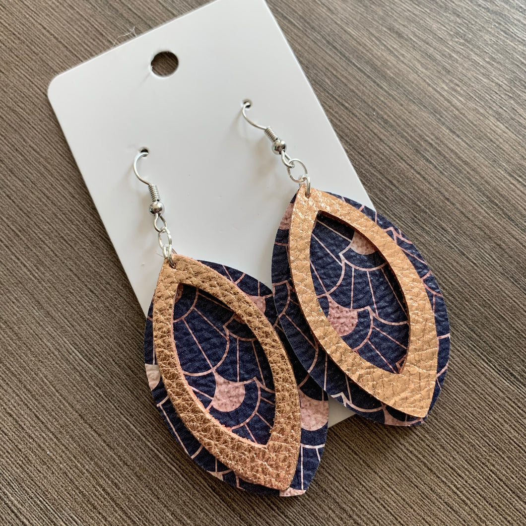 Navy and Rose Gold Layered Leaf Leather Earrings