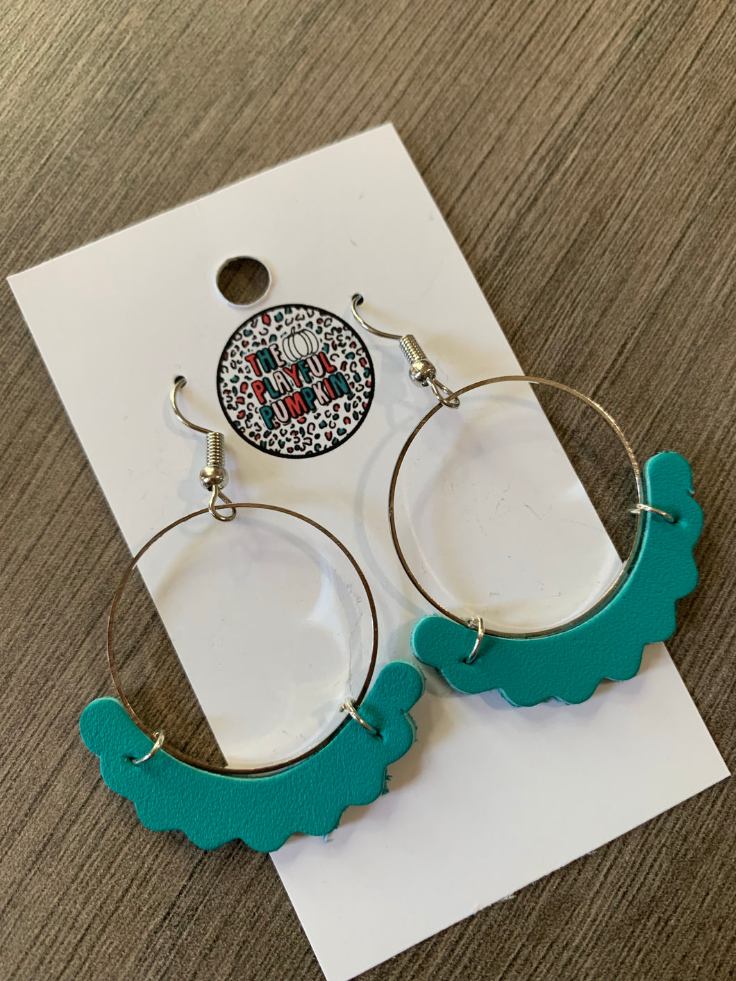 Teal Scalloped Drop Circle Leather Hoops