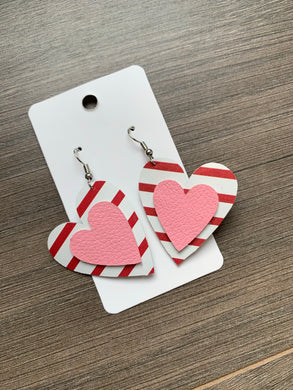Red Striped Pink Valentine Heart Leather Earrings