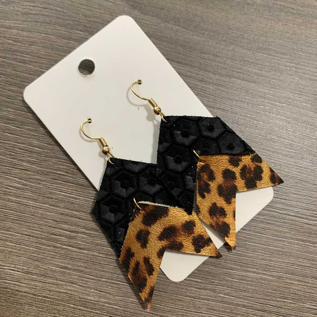 Black Cheetah Chevron Leather Earrings