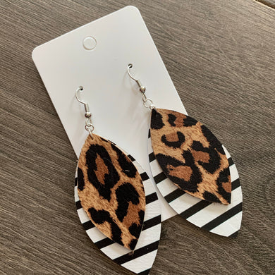 Double Leaf Striped Animal Print Leather Earrings