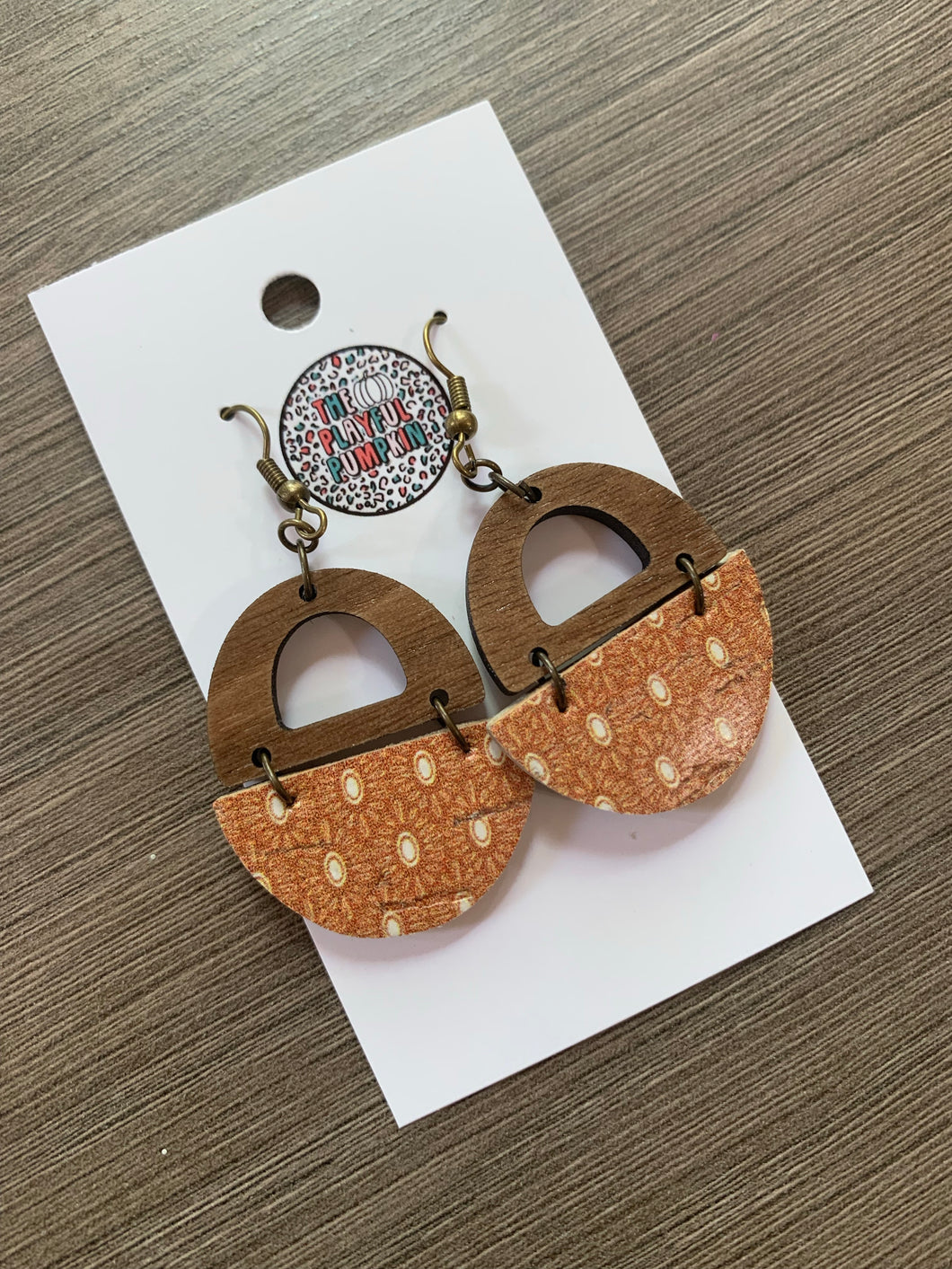 Wood and Rust Circle Cork Leather Earrings