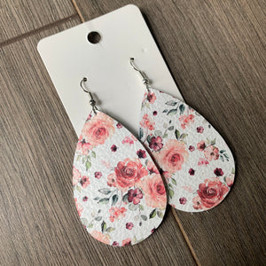 White and Pink Floral Teardrop Leather Earrings
