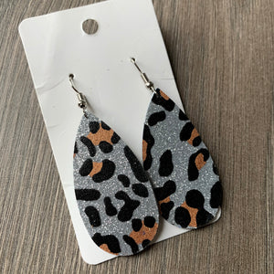 Small Silver Leopard Glitter Teardrop Leather Earrings