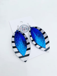 Blue and White Double Petal Leather Earrings