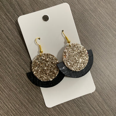 Gold Glitter and Black Circle Cork Leather Earrings
