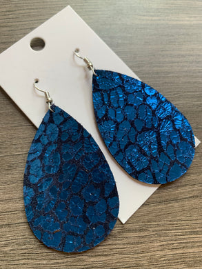 Blue Leopard Teardrop Leather Earrings