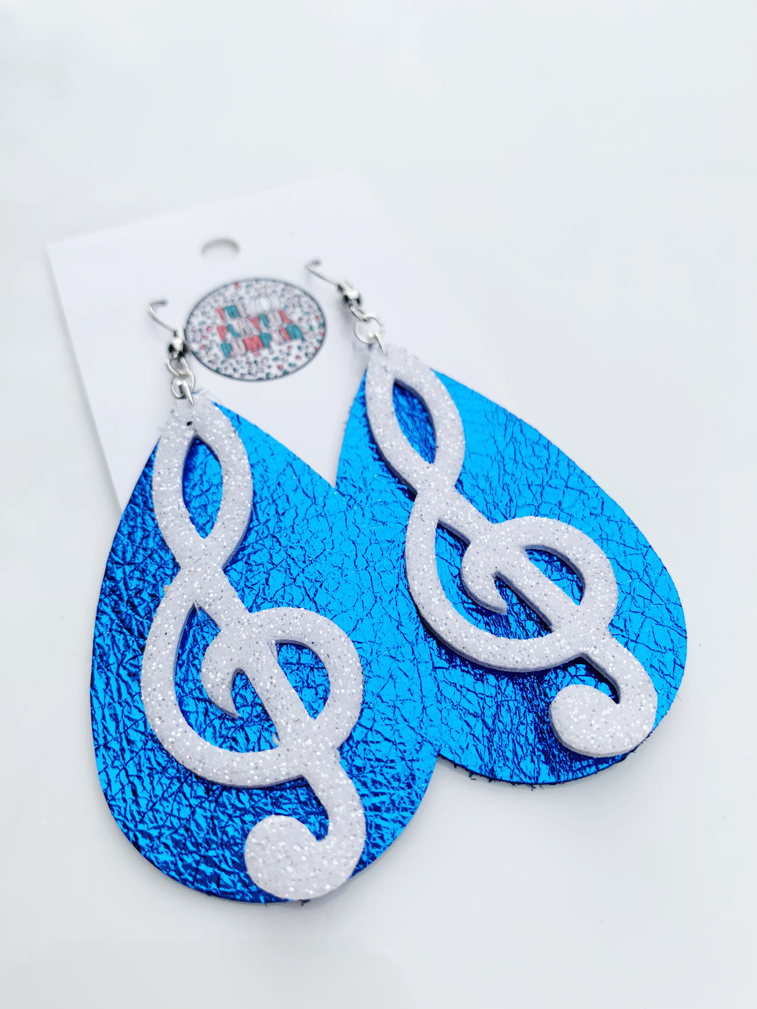 Blue and White Band Teardrop Leather Earrings