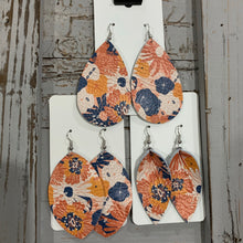 Navy and Orange Floral Leather Earrings