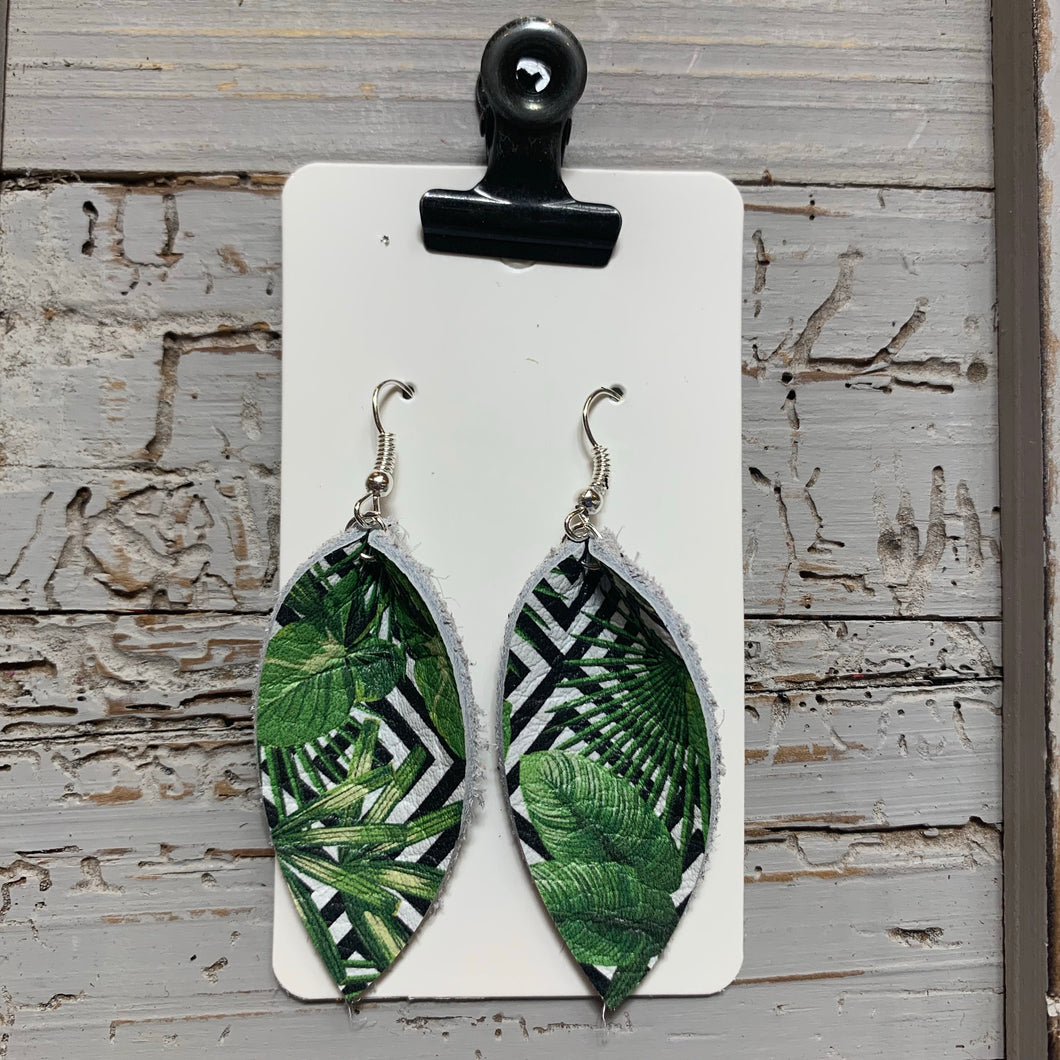 Green and Black Small Petal Leather Earrings