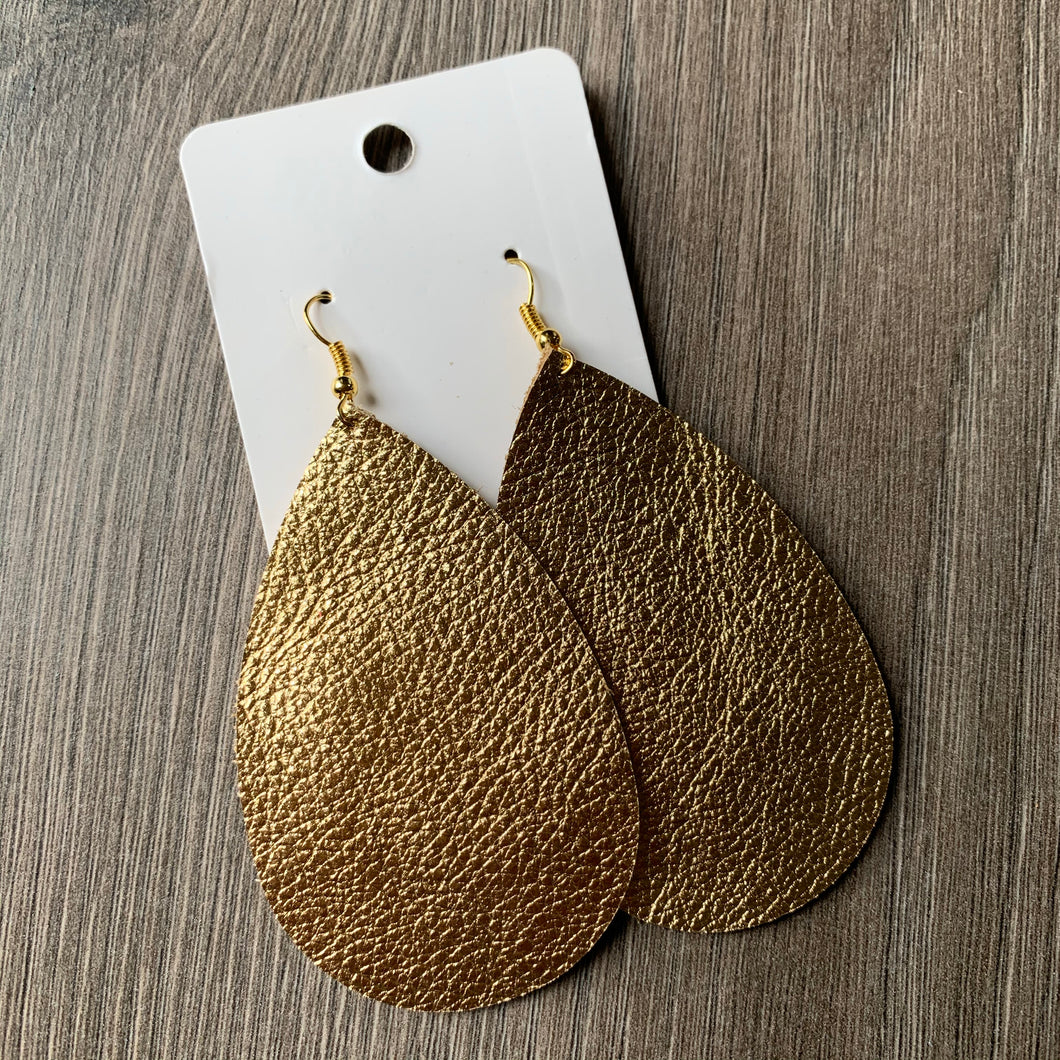 Large Gold Metallic Teardrop Leather Earrings