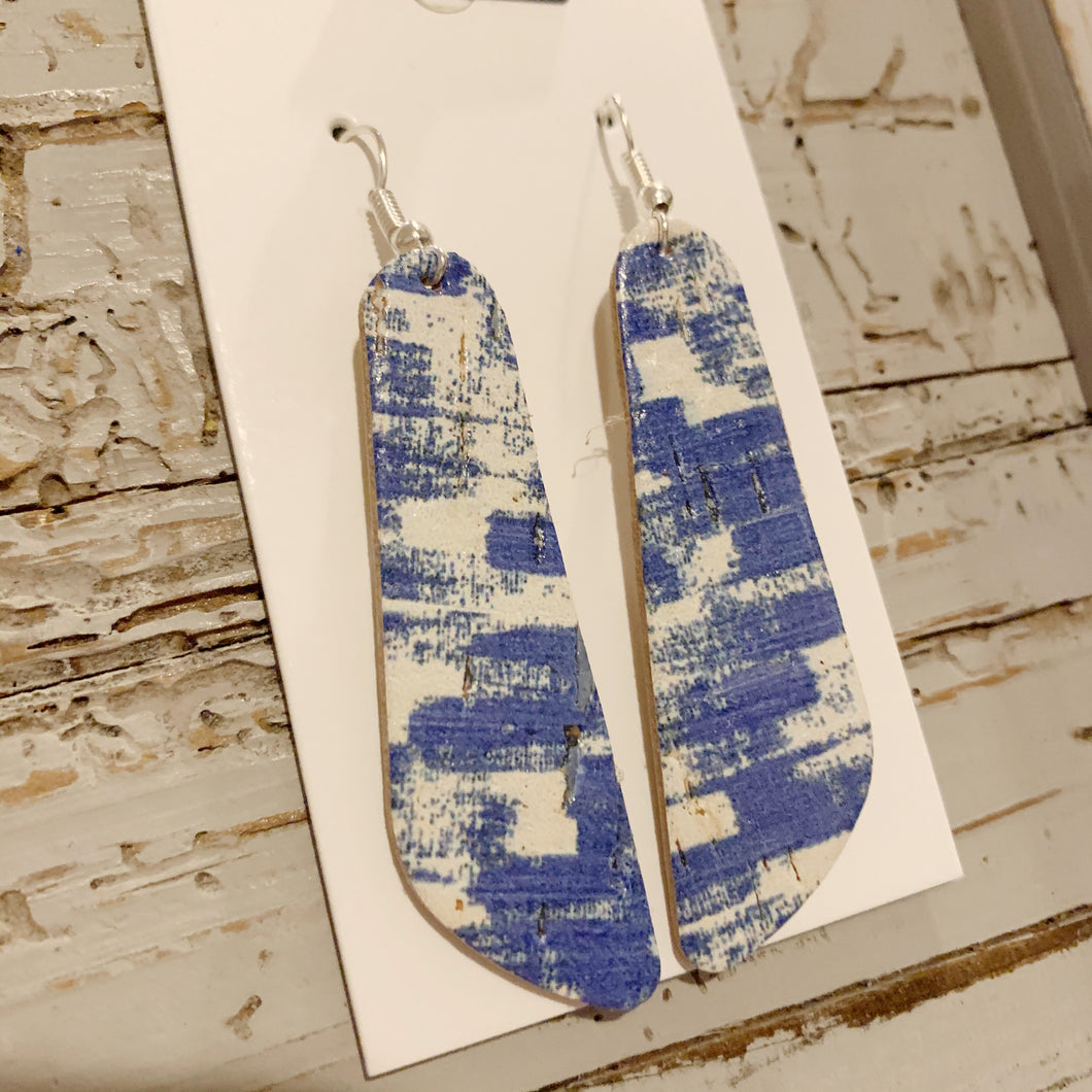 Blue and White Cork Small Oblong Leather Earrings