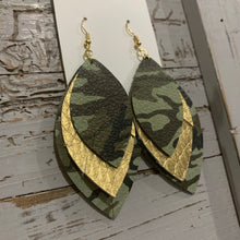 Triple Wide Fringe Gold and Camo Leather Earrings