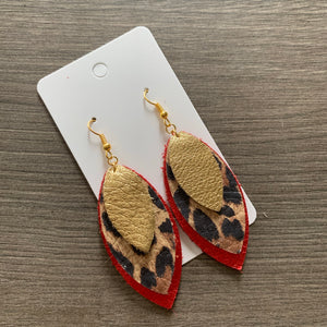 Red Animal Print Gold Valentines Leaf Leather Earrings