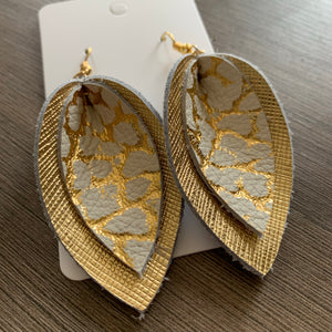 Gold Crackle Double Petal Leather Earrings