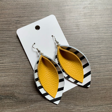 Black and White and Yellow Double Petal Leather Earrings