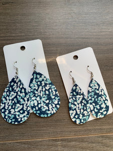 Blue Teal Floral Leather Earrings