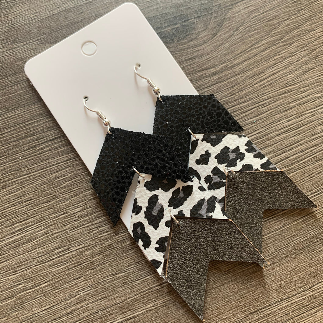 Triple Chevron Black Gray White Leopard Leather Earrings
