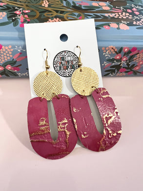 Pink and Gold U Drop Leather Earrings