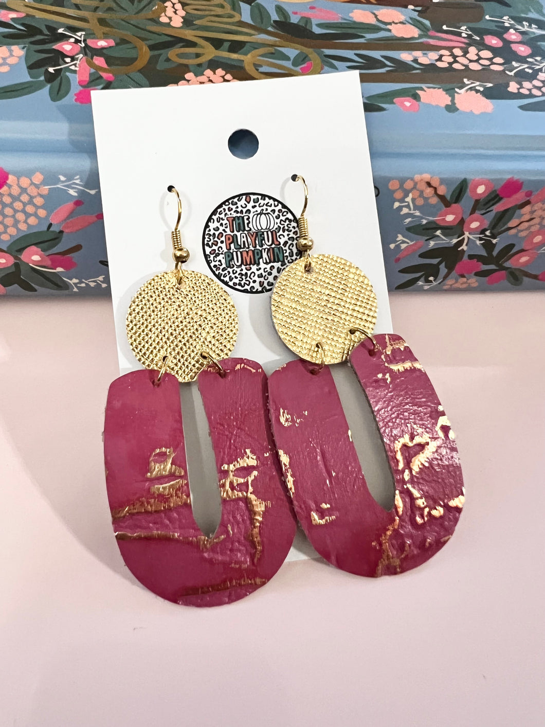 Pink and Gold U Drop Leather Earrings