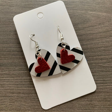 Small Striped Red Heart Valentine Leather Earrings
