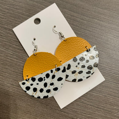 Yellow Dalmatian Circle Drop Leather Earrings