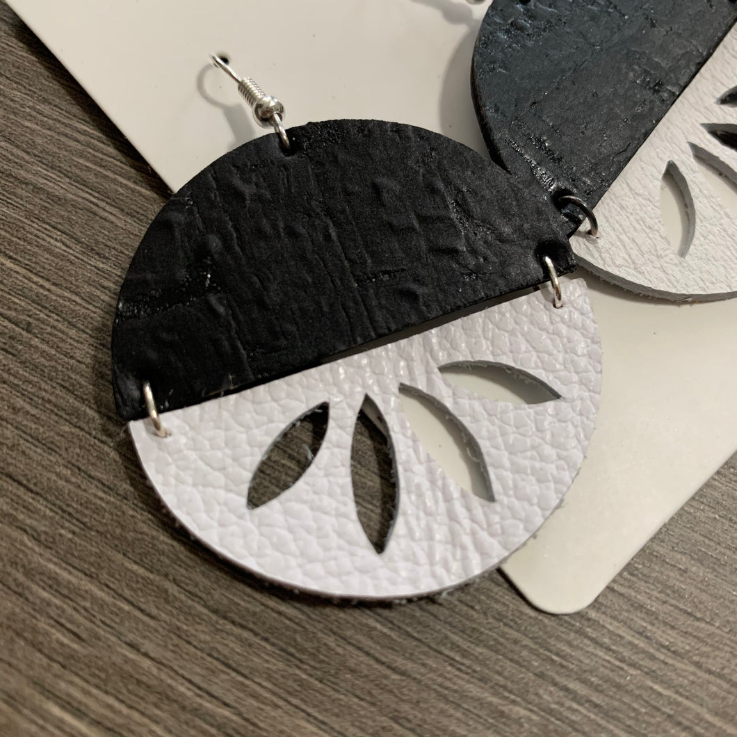 Black and White Split Circle Leather Earrings