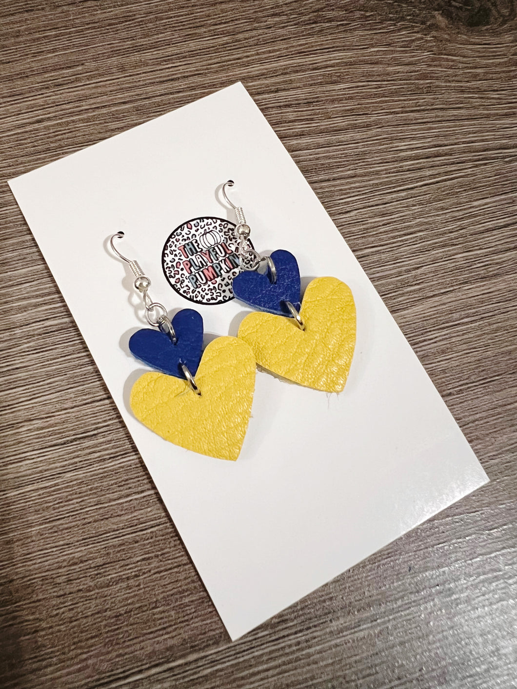 Blue and Yellow Double Heart Leather Earrings Theo