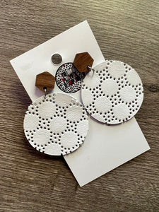 Wood and White Swiss Dot Leather Earrings