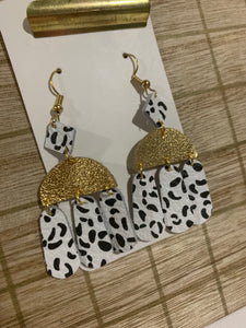 Small Black White and Gold Chandelier Leather Earrings