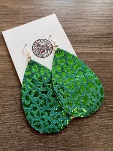 Green Shimmer Leopard Leather Earrings