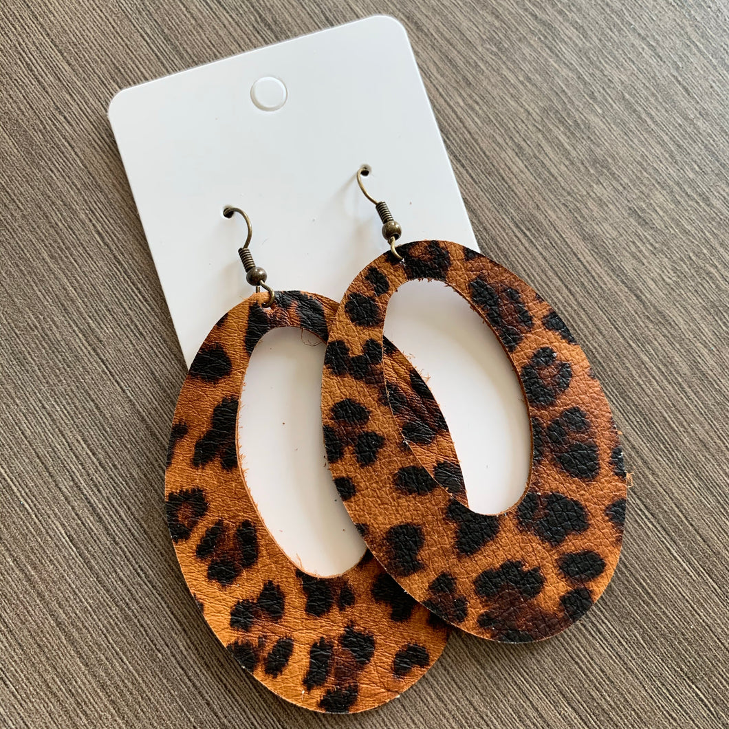 Large Animal Print Oval Hoops Leather Earrings