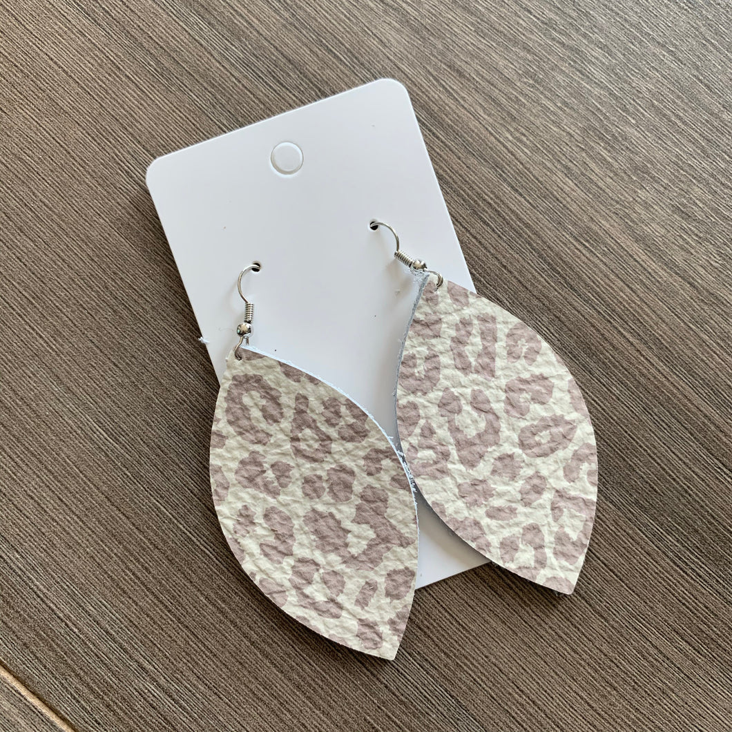 Beige Gray Animal Print Leaf Leather Earrings