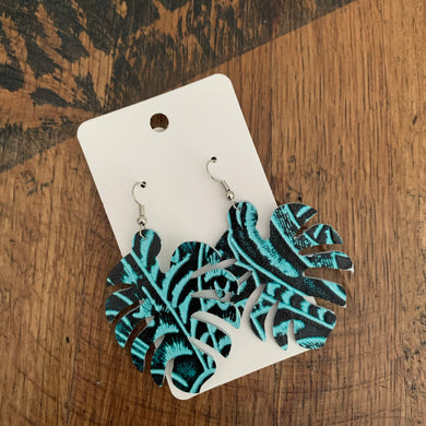 Black and Teal Monstera Leaf Leather Earrings
