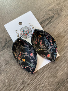 Black Floral Petal Leather Earrings