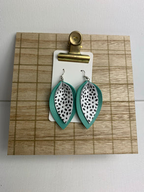 Mint Black and White Double Petal Leather Earrings
