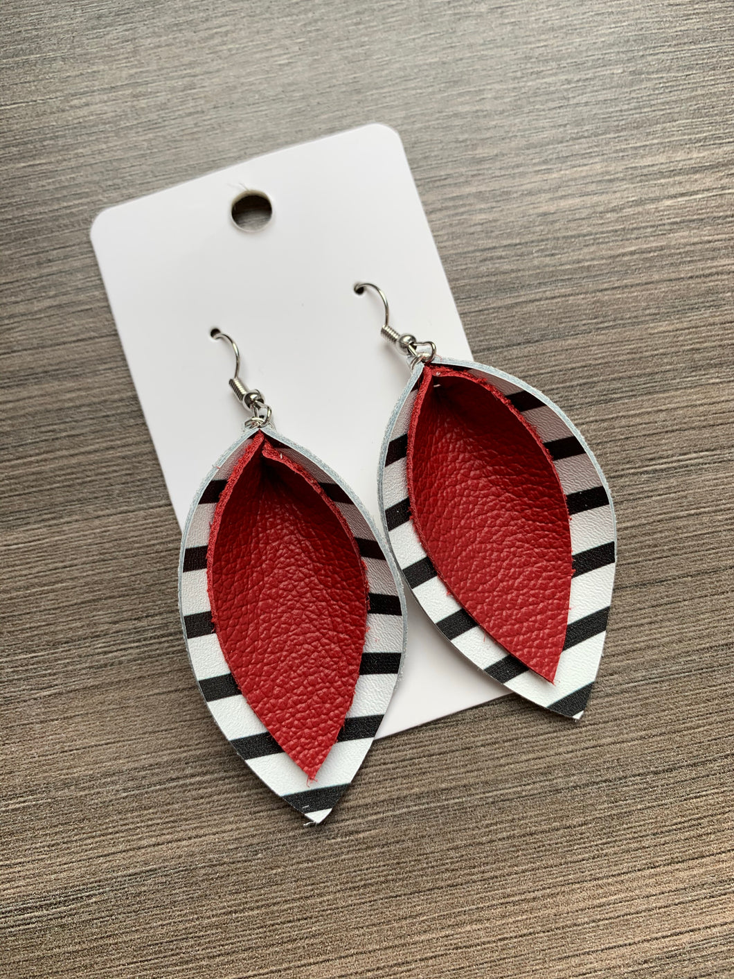 Black and Red Double Petal Leather Earrings