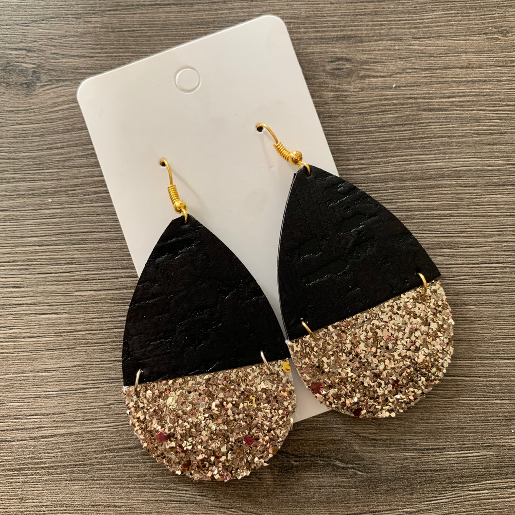Black and Gold Split Teardrop Leather Cork Earrings