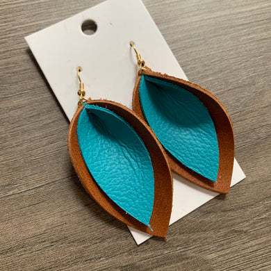 Brown and Teal Double Petals Leather Earrings