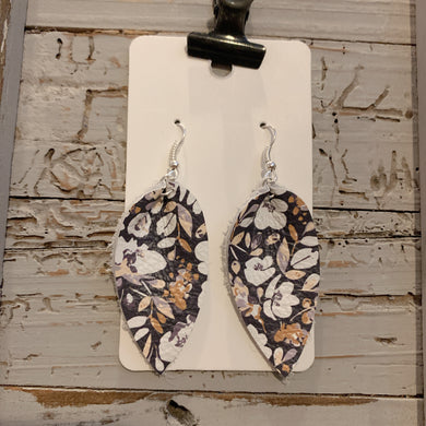 Small Navy Floral Petal Leather Earrings
